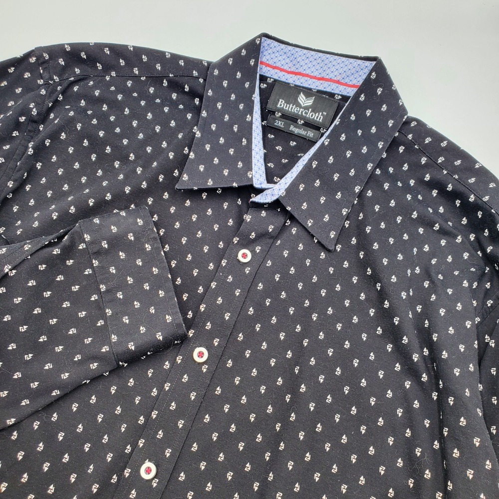 Buttercloth Mens‎ 2XL Regular Fit Black Geometric Print Long Sleeve Button Shirt
